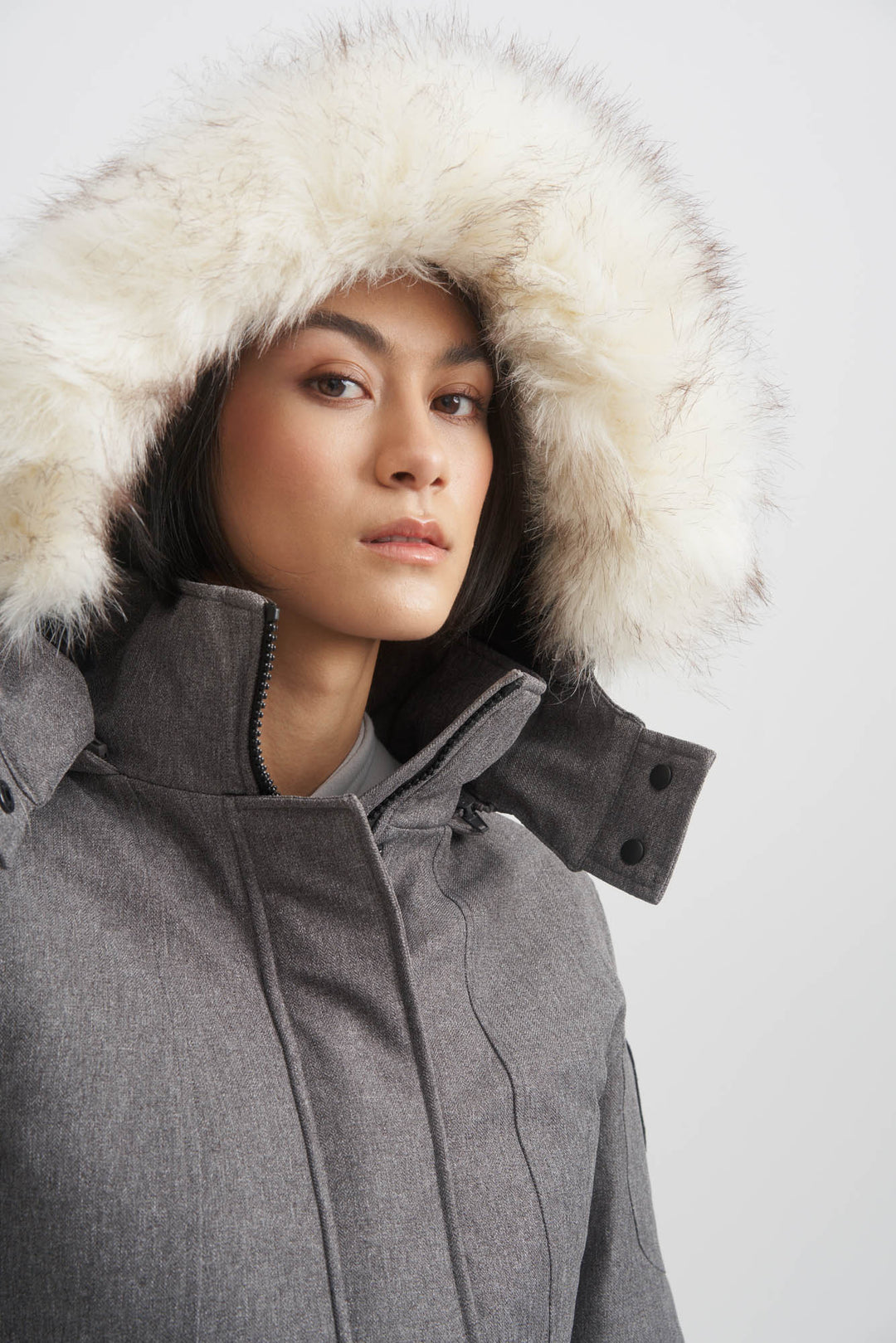 Grey coat with white fur hood on sale